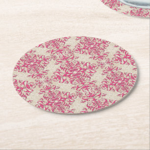 Chic Viktorianisch Style Floral Damask Muster Pink Runder Pappuntersetzer