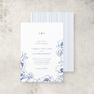 Chic Vintag Blue Floral Initials Garden Wedding Einladung