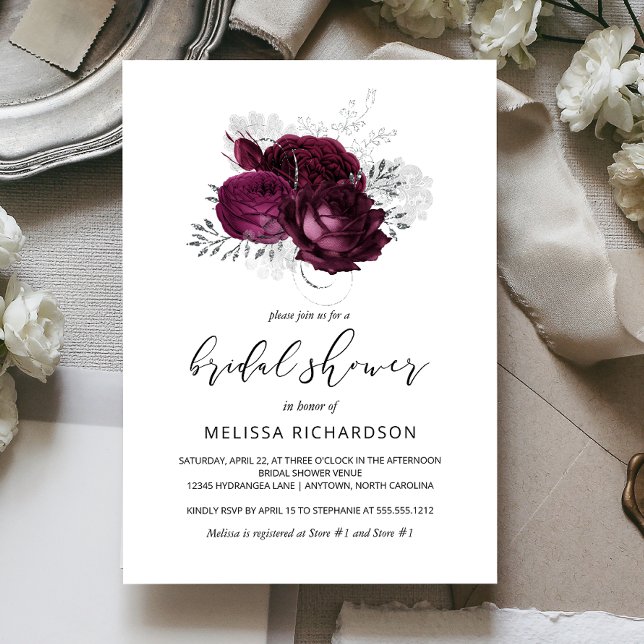 Chic Vintag Floral Burgundy Silver Brautparty Einladung (Von Creator hochgeladen)