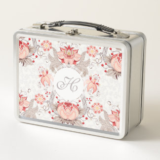 Chic Vintag Floral Damask Monogram Lunchbox