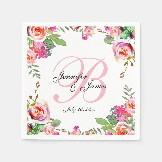 Chic Vintag Floral Pink Monogram Wedding Serviette (Vorderseite)