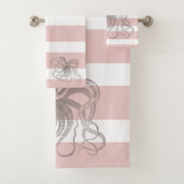Chic Vintag Octopus auf nautisch rosa Streifen Badhandtuch Set
