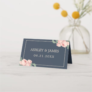 Chic Vintag Pink Rose Dark Blue Wedding Platzkarte