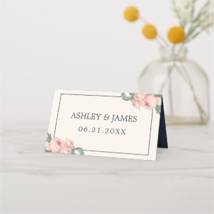 Chic Vintag Pink Rose Off-White Dunkel Blue Weddin Platzkarte