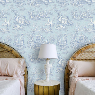 Chic Vintage Blau Grau Toile de Jouy Szene Tapete