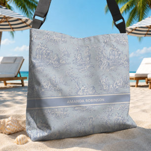 Chic vintage blau-graue Toile de Jouy bedruckt Tragetaschen Mit Langen Trägern