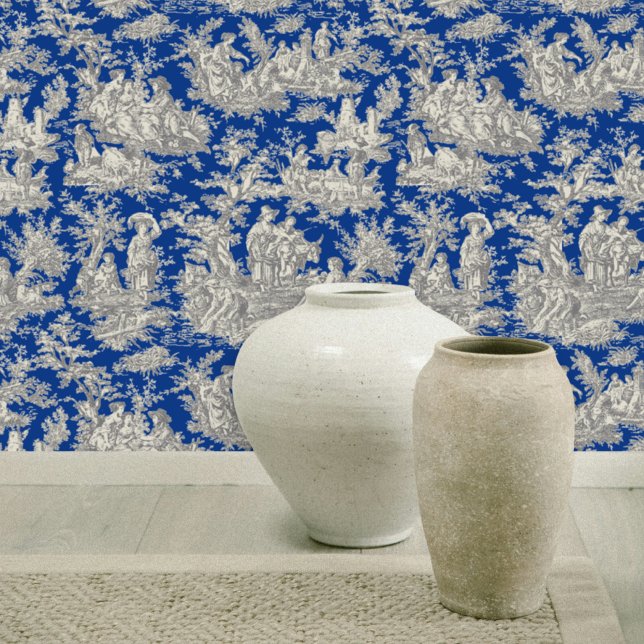 Chic Vintage dunkelblaue Toile de jouy bedruckt Tapete (Von Creator hochgeladen)