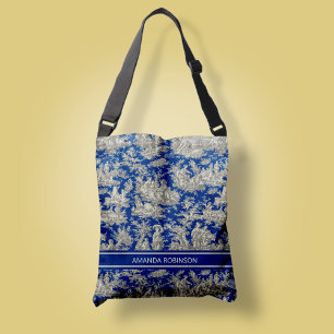 Chic Vintage dunkelblaue Toile de jouy bedruckt Tragetaschen Mit Langen Trägern