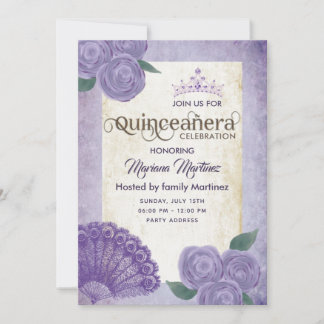 Chic Vintage Hand Fan lila Rose Tiara Quince Einladung