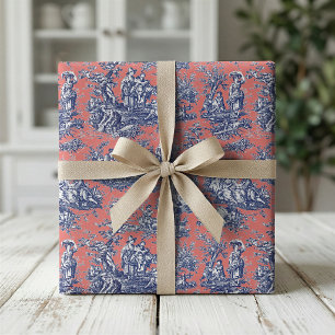 Chic Vintage Korallenrot Blau Toile de Jouy Geschenkpapier