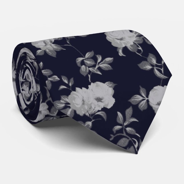 Chic Vintage Marineblau-Blumenmuster Krawatte (Gerollt)