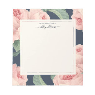 Chic Vintage Pink Rose Dark Blue Personalized Notizblock