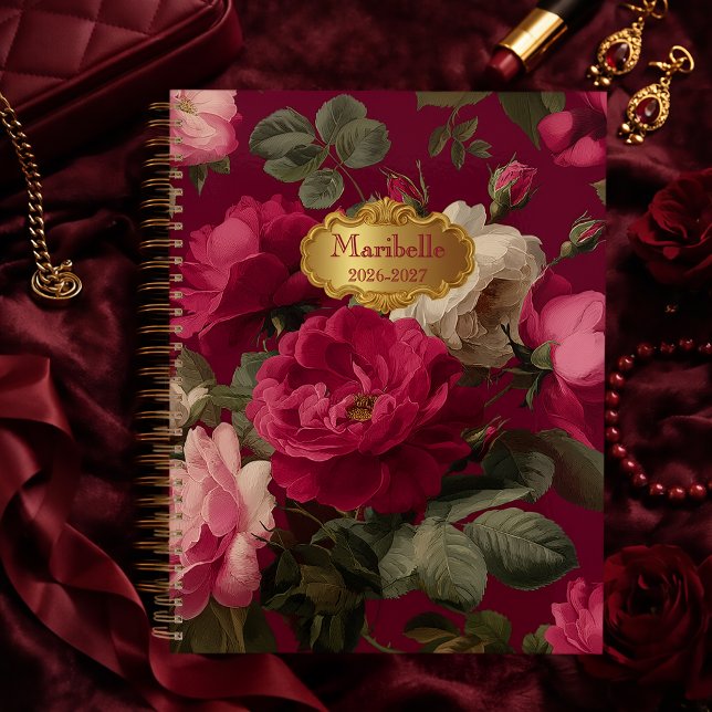 Chic Vintage Rose Red Floral  Monogrammed  Planer (Chic Vintage Romantic Rose Red Monogrammed Planner )
