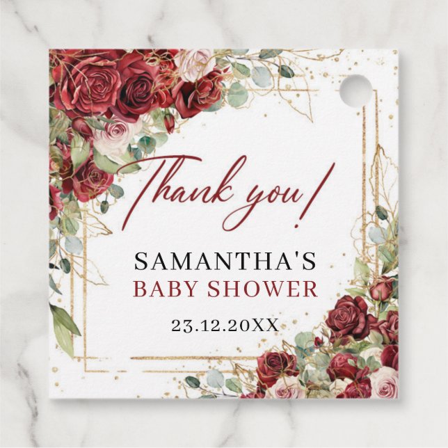 Chic Vintage rote Rosen Eukalyptus Baby Dusche Geschenkanhänger (Rückseite)