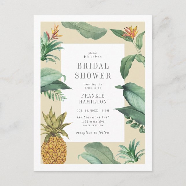 Chic Vintage tropische Blätter Zeichnend Brautpart Einladungspostkarte (Vorderseite)