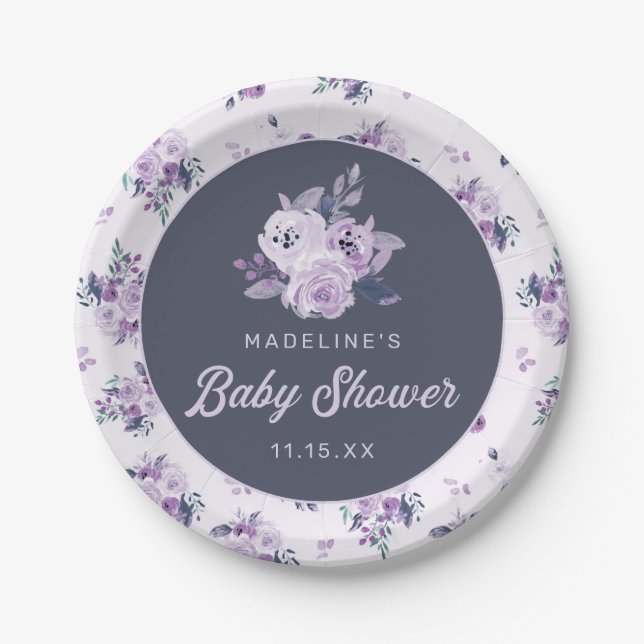 Chic Violet Lavender Lila Floral Baby Dusche Pappteller (Vorderseite)