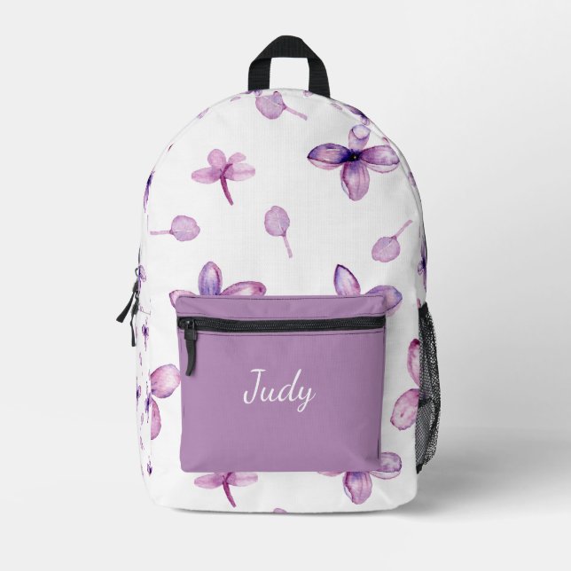 CHIC VIOLET LILA BLUME PATTERN INDIVIDUELLE NAME BEDRUCKTER RUCKSACK (Vorderseite)