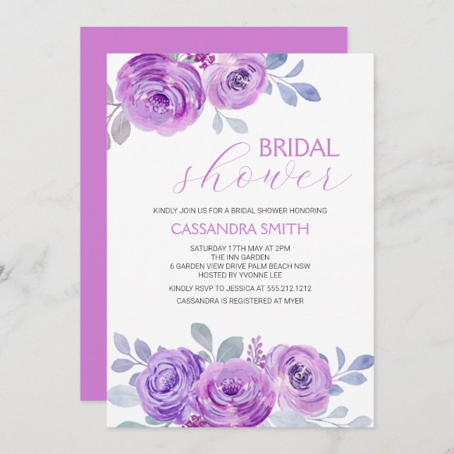 Chic Violet Rose Greenery Floral Bridal Shower  Einladung (Vorne/Hinten)