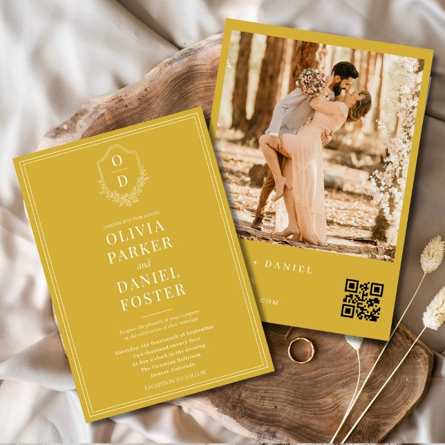 Chic Wappen Gold Champagne QR Code Foto Hochzeit Einladung (Von Creator hochgeladen)