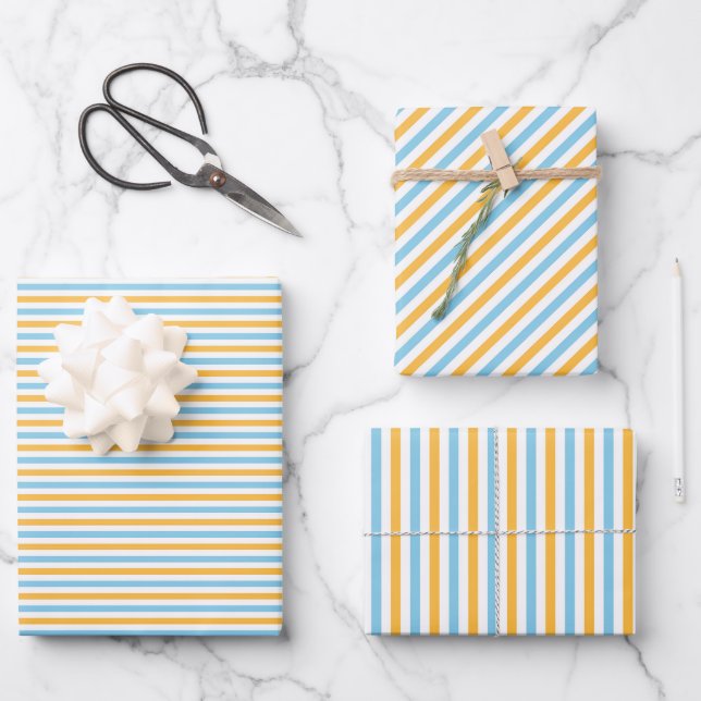 Chic Warm Gelb und Sky Blue Streifen Geschenkpapier Set (Vorderseite)