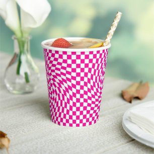 Chic Warped Checkered Pattern Magenta Rosa & Weiß Pappbecher