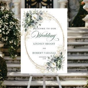 Chic Wasserfarbe Weiße Rosen Hochzeit Willkommensp Poster