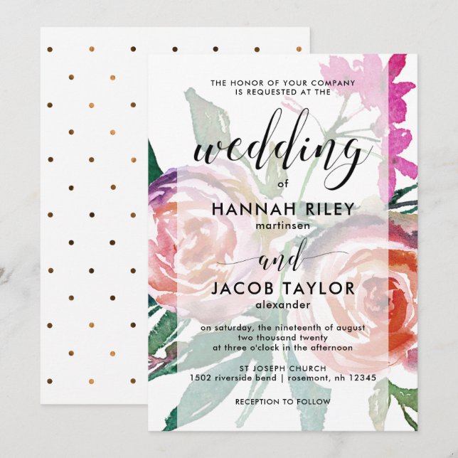 Chic Wasserfarbenfloral mit Imitate Gold Dots Hoch Einladung (Vorne/Hinten)