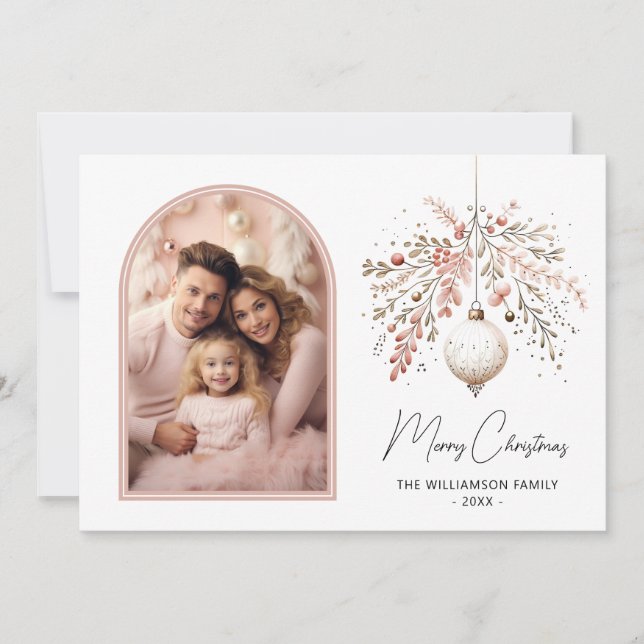 Chic Watercolor Bauble & Family Foto Weihnachten (Vorderseite)