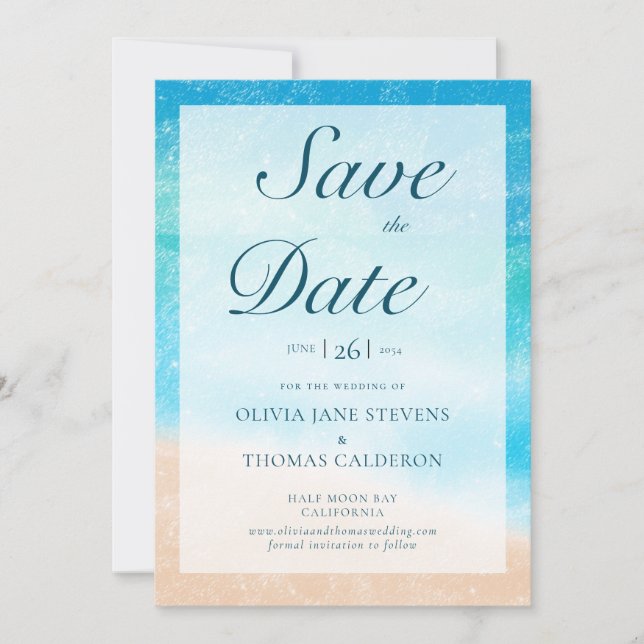 Chic Watercolor Beach Foto Wedding Save the Date Einladung (Vorderseite)