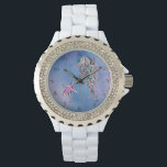 *~* Chic Watercolor Beach Sea Jelly Fish Star Fish Armbanduhr<br><div class="desc">Star Fish Jelly Fish Gold Glitzer Lila Glitzer Blue Glitzer Strandsymbole auf einem Strand wie blubbly schauthy stylish blue abstrakt water color mit einigen magenta Hintergrund zieren das Gesicht dieser hübschen Frauenuhr. Die Uhr hat eine weiße Emailband und ein Gesicht, umgeben von winzigen kleinen Diamanten - wie Rhinestones. Der Sternfisch...</div>