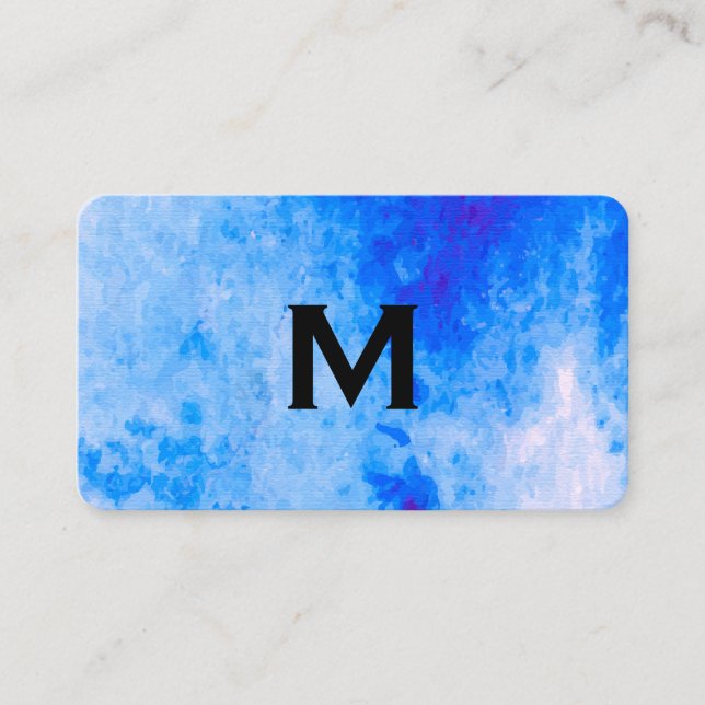 Chic Watercolor blau mit Monogram Visitenkarte (Vorderseite)