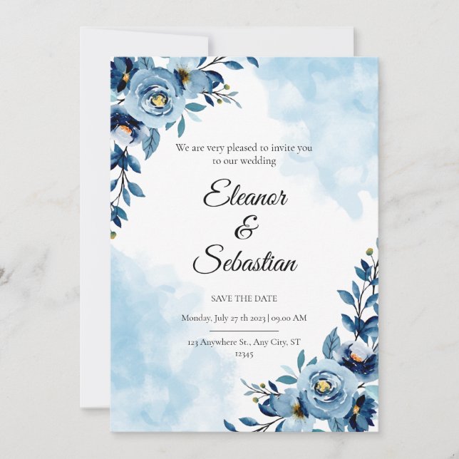 Chic Watercolor Blue Blume Save the Date Hochzeit Einladung (Vorderseite)