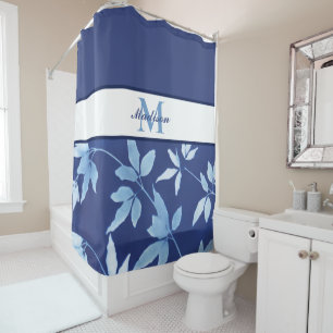 Chic Watercolor Blue Floral Monogram Duschvorhang