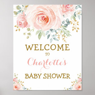 Chic Watercolor Blues Blush Pink Gold Baby Dusche Poster