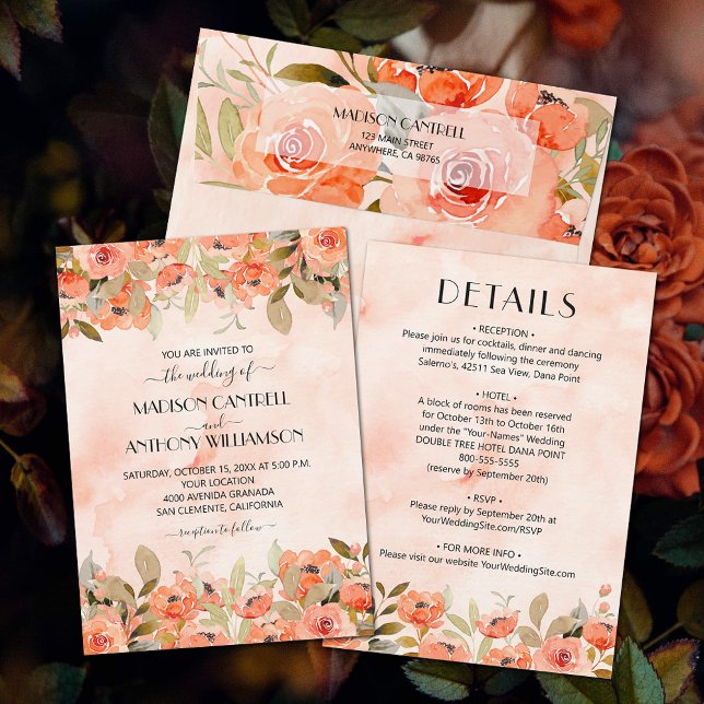 Chic Watercolor Blues Hochzeit in einem Einladung (Watercolor orange floral all-in-one wedding invitations (envelopes sold separately.))