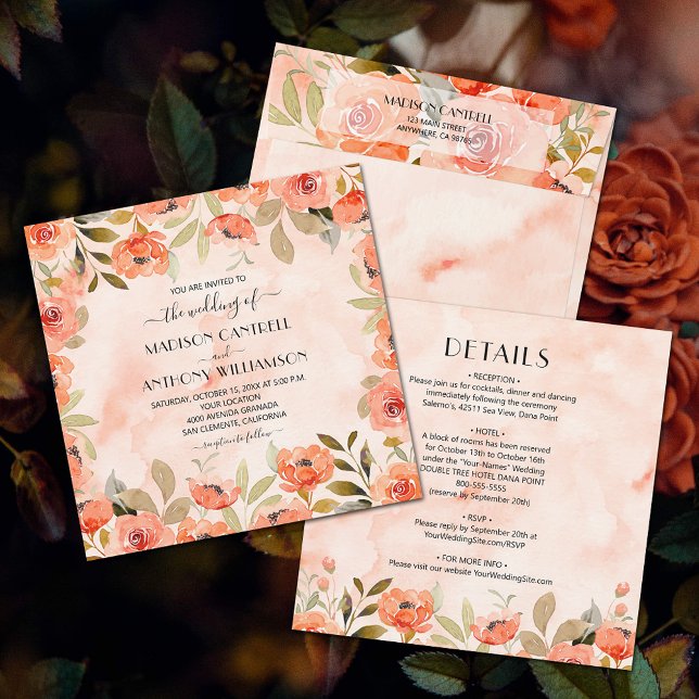 Chic Watercolor Blues Hochzeit in einem Einladung (Watercolor orange floral all-in-one wedding invitations (envelopes sold separately.))