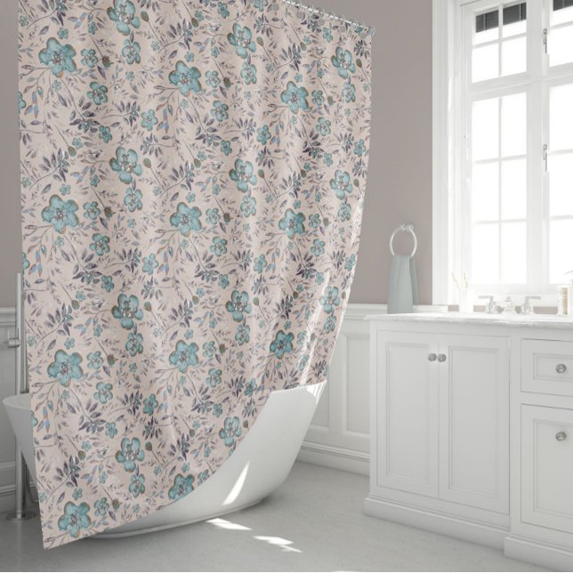 Chic Watercolor-Blume Duschvorhang (Elegant Blue Chic Taupe Watercolor Flowers Shower Curtain from Studio Posies.)