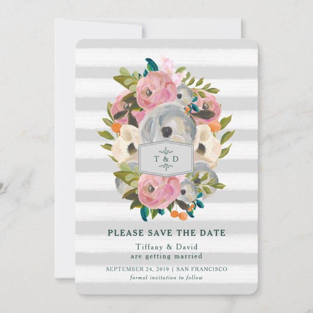 Chic Watercolor Blume Graue Streifen Save the Date (Vorderseite)