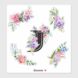 Chic Watercolor-Blume mit Letter J Aufkleber
