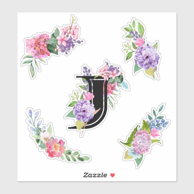 Chic Watercolor-Blume mit Letter J Aufkleber (Blatt)