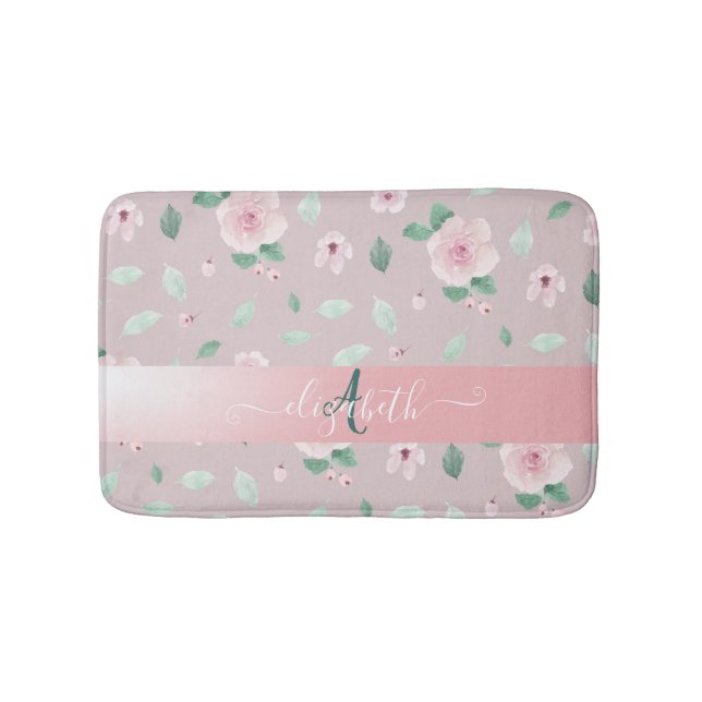 Chic Watercolor-Blume Monogramm Badematte (Vorderseite)