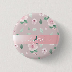 Chic Watercolor-Blume Monogramm Button