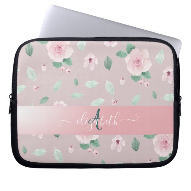 Chic Watercolor-Blume Monogramm Laptopschutzhülle (Vorderseite)