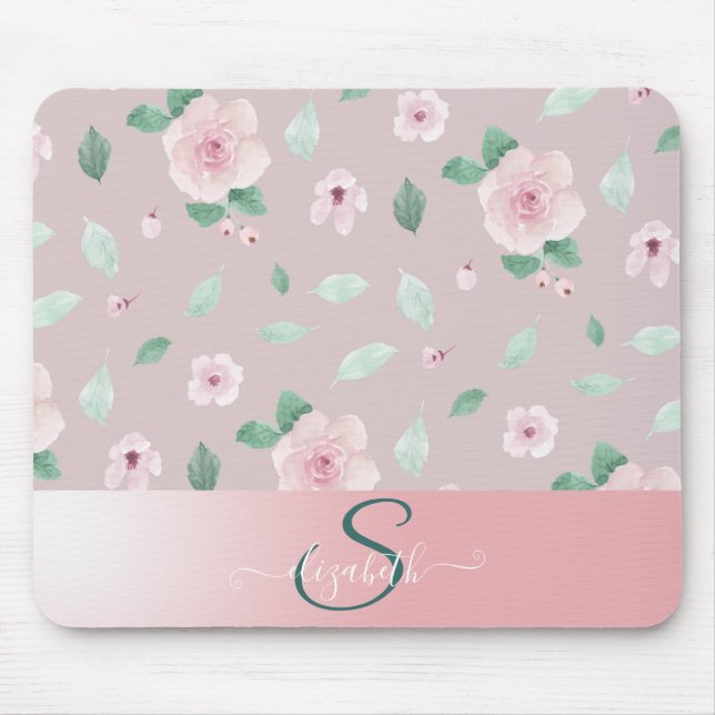 Chic Watercolor-Blume Monogramm Mousepad (Vorne)