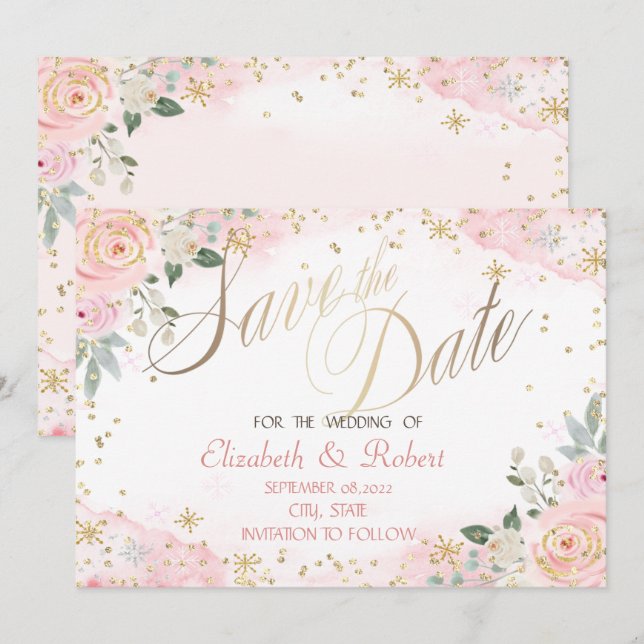 Chic Watercolor Blume Schneeflocken Save The Date (Vorne/Hinten)