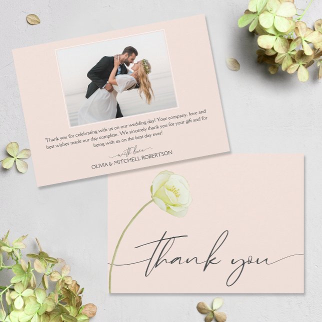 Chic Watercolor Blume Wedding Foto Dankeskarte (Watercolor flower on front, your photo and message on the back of flat wedding thank you cards)