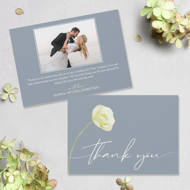 Chic Watercolor Blume Wedding Foto Dankeskarte (Watercolor flower on front, your photo and message on the back of flat wedding thank you cards)
