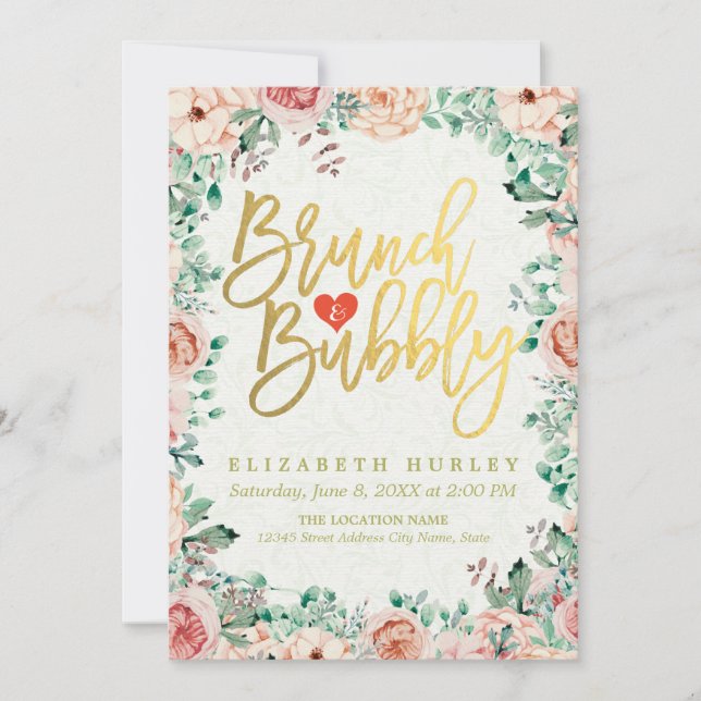 Chic Watercolor Blumenbrunch Bubbly Brautparty Einladung (Vorderseite)
