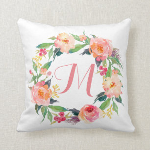 Chic Watercolor Blumenreath Mit Monogramm Kissen