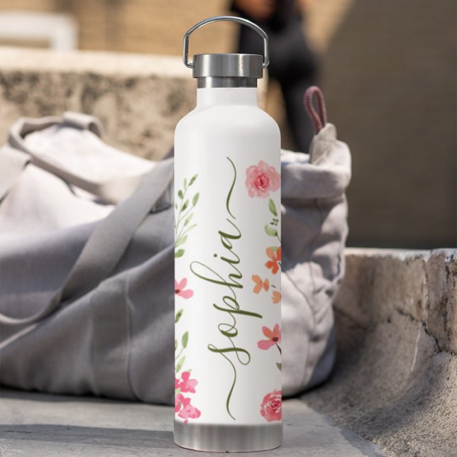 Chic Watercolor Blumenschrift Personalisiert Trinkflasche (Floral watercolor personalized water bottle elegant script.)